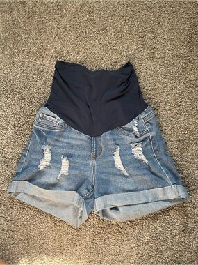 Maternity High-Waist Distressed Denim Shorts with Navy Stretch Panel